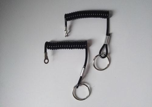 Customized Black Color 5CM Coil Length Retrable Tool Lanyard Steel Coil Cable w/Eyelet and Key Ring
