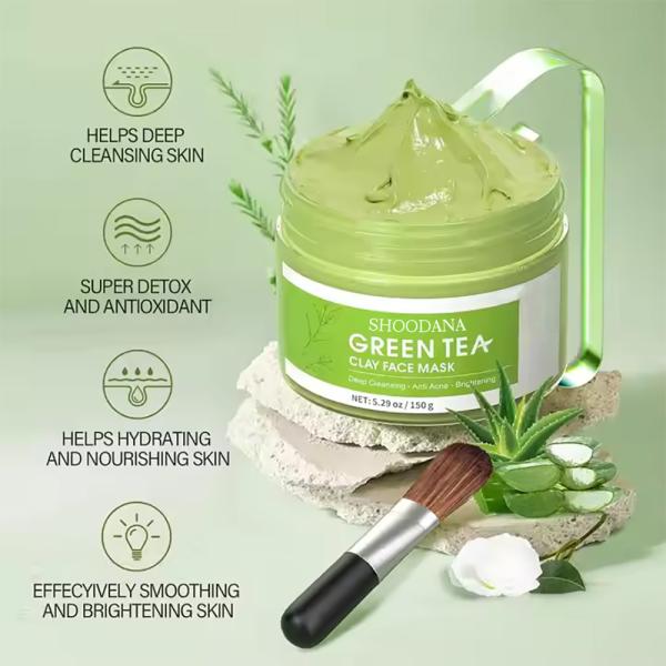 Vegan Organic Green Tea Clay Mask Deep Cleansing Clay Mud Mask with Vitamin C Face Nose Neck Acne Control Mineral Ingredient
