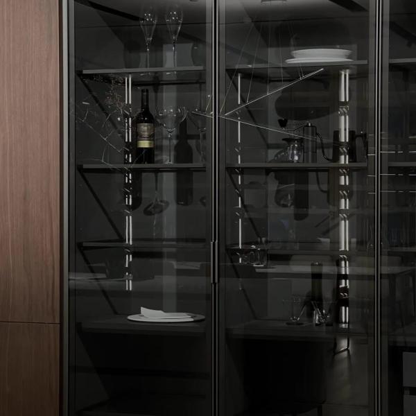 Apartamento de estilo antiguo Cuadro de puerta de panel de línea cocina con gabinete de vidrio de vino gabinete de cocina de chapa de madera