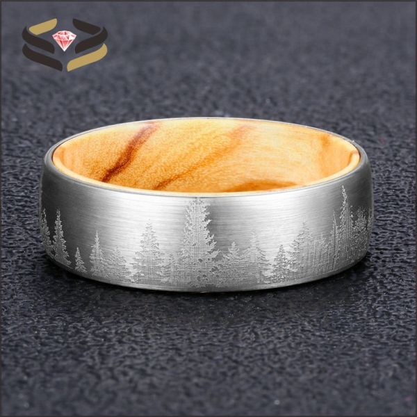 8mm Silver Tungsten Ring showcasing Olive Wood Interior and Forest Laser Engraved Design for Wedding or Gift Material Type Other