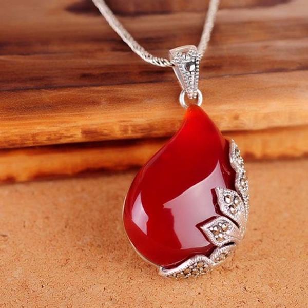 Vintage Jewelry 925 Silver Red Agate  Marcasite Drop  Pendant Necklace 18 Inches (JA1674RED)