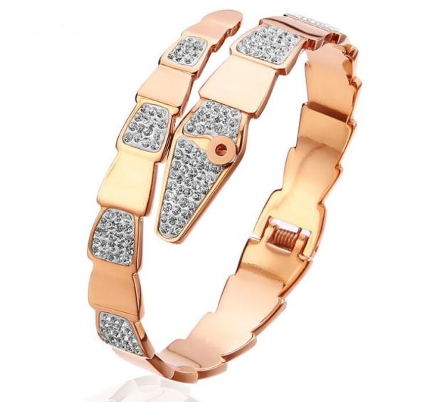Trendy Fashion Snake Rose Gold Bangle for Girl Gemstone and Crystal Bangle Cuff Metal Bangle