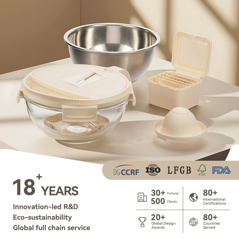 2000ml Capacity Borosilicate Glass Bowl with 5-in-1 Grater Set and Non-slip Silicone Base for Food Prep