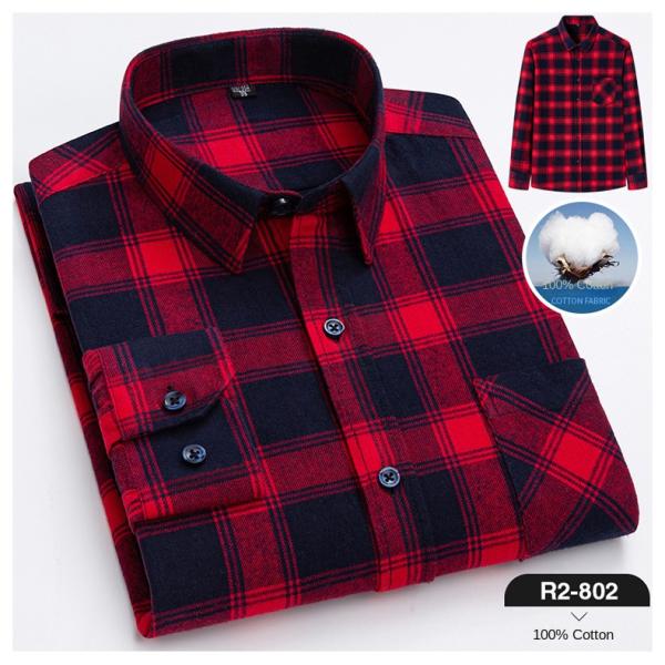 Plus Size Business Shirts in 100% Cotton with Brushed Plaid Collar and Long Sleeves
