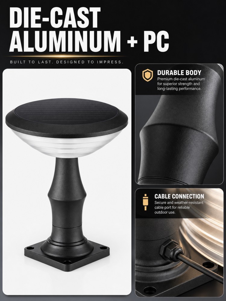 30W 1800LM Round Shape OSRAM 2835 LED Solar Post Cap Light IP65 Waterproof Die Cast Aluminum 3 To 5 Rainy Days For Courtyard Villa Pillar