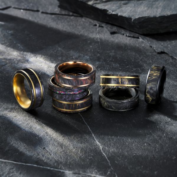 New Arrival Black Forged Carbon Fiber Ring with Mixed Red Foil Plated 14K Yellow Gold Ring