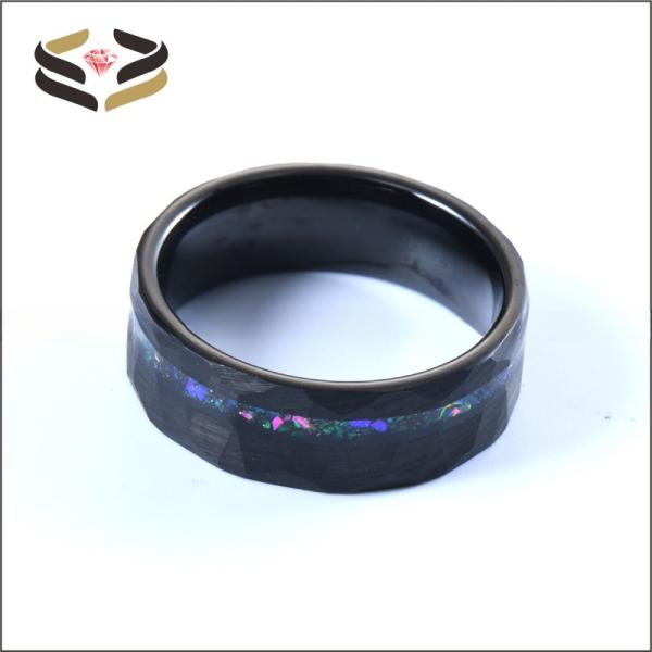 Anneaux de mariage en tungstène noir facetté pour hommes 8 mm avec incrustation de type perle et incrustation d'opale Galaxy