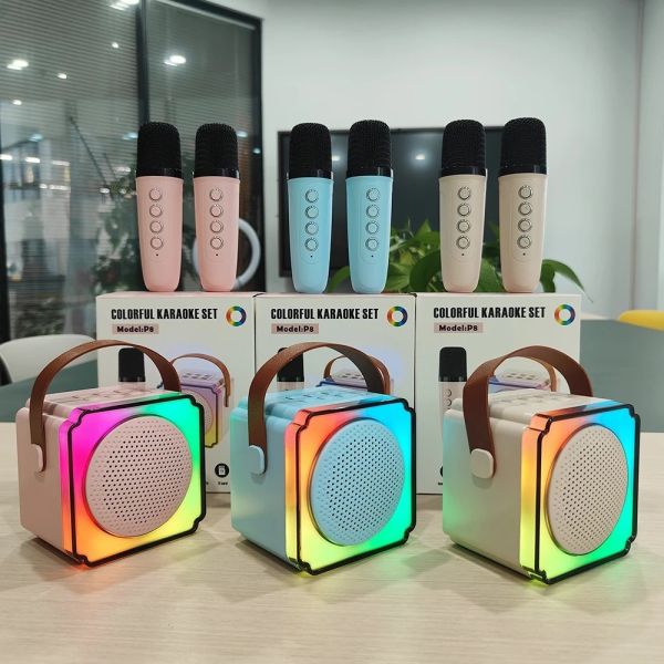 Mini Speaker LED Light P8 BT 5.3 HiFi Sound System Dual Wireless Microphone Bluetooth Karaoke Kids Gift Portable