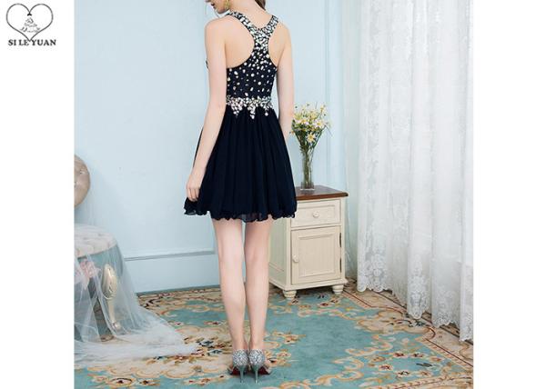 Chiffon Nude Short Black Formal Dresses / Top Diamond Prom Dress Puffy Down Part