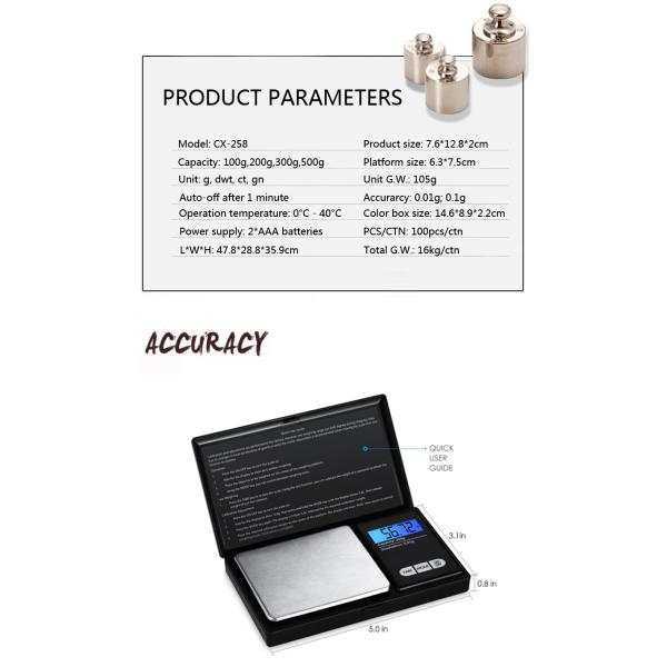 Balanza de bolsillo de acero inoxidable ABS de alta precisión 0.01g Precisión Mini Digital Jewelry Scale Tamaño de la balanza 7.6*12.8*2 cm