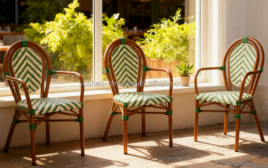 Stackable Curved-Back Synthetic Wicker & Bamboo Commercial Outdoor Green Chair