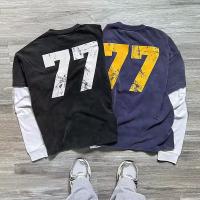 T-shirt à manches longues à double couche imprimé Logo graphique T-shirt lavage à l'acide Soleil fané T-shirts en coton lourd surdimensionnés pour hommes