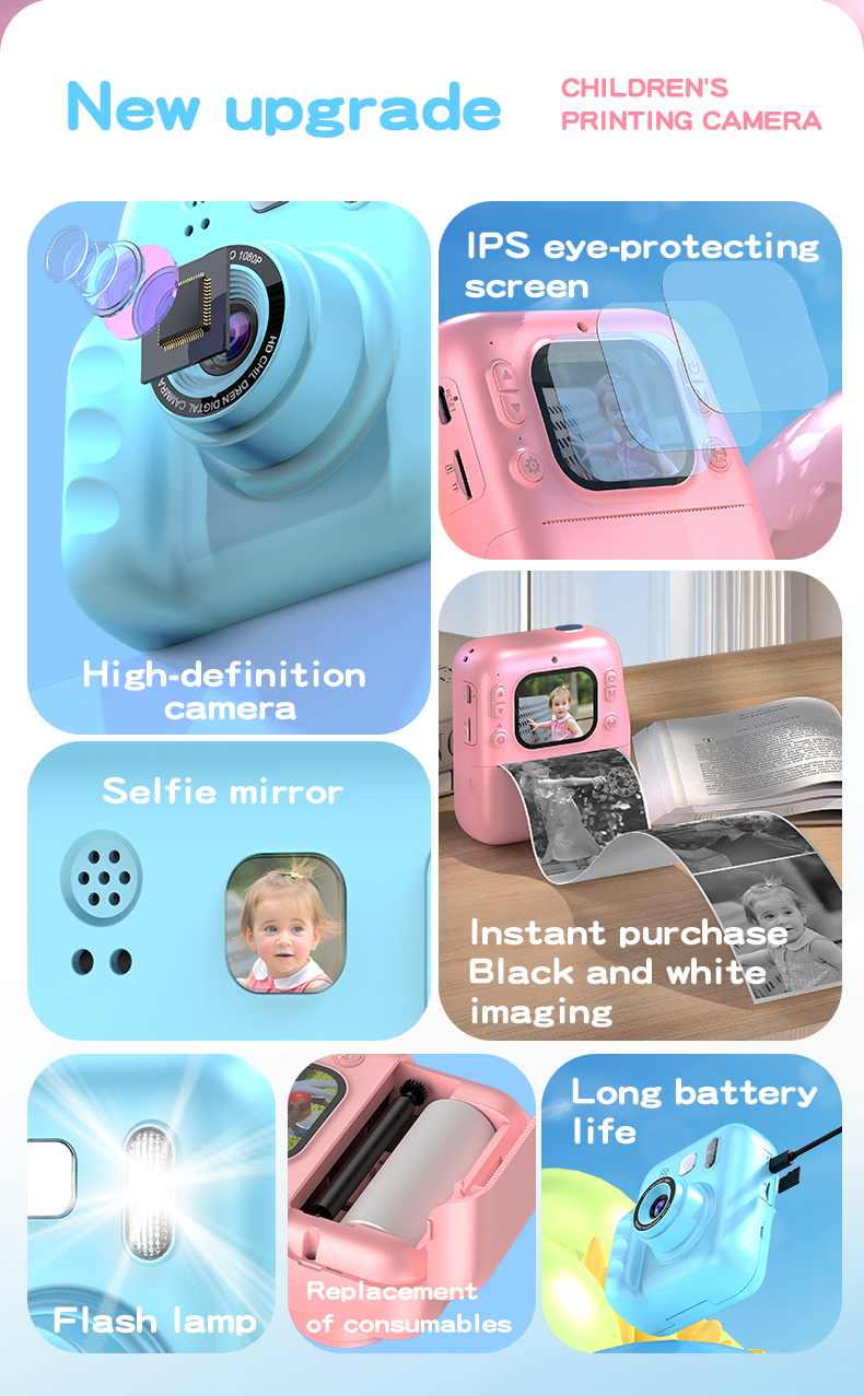 Kids Polorid Camera Full HD CCD Instant Print Thermal Paper Printing Selfie Flash Eye Protection IPS Screen 120 Wide Angle 3