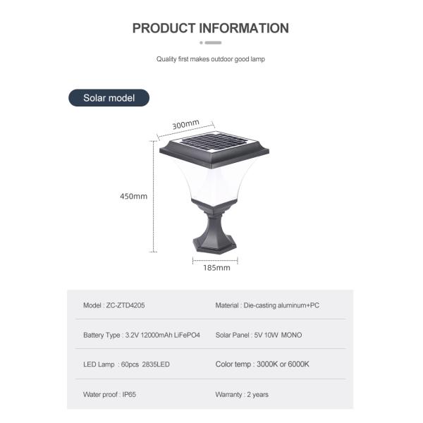 Die Cast Aluminium 30W Solar Pillar Light Garage Fence Decoration post lamp