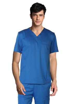 Médico azul uniforme tecido planície curto da luva do homem do decote em V de 200 G/M esfrega