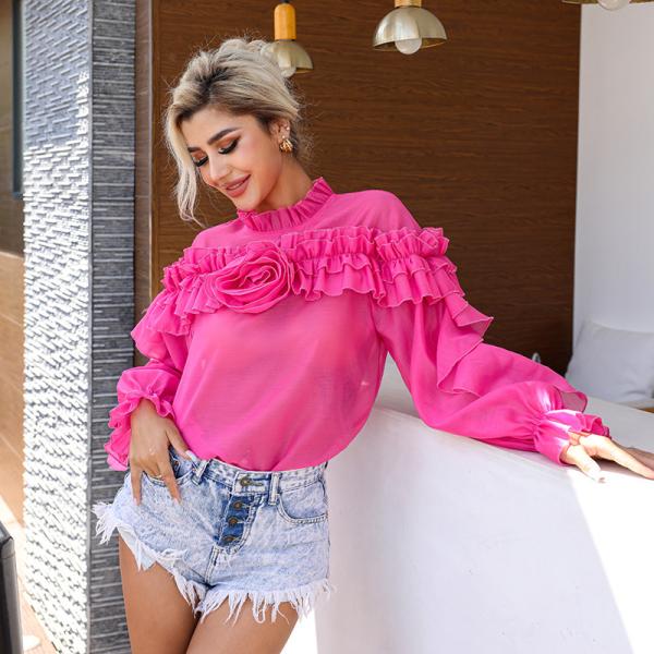 Lantern Sleeved High Neck Flared Blouse Chic Black High Waisted Lace Tops With Stand Collar For Women