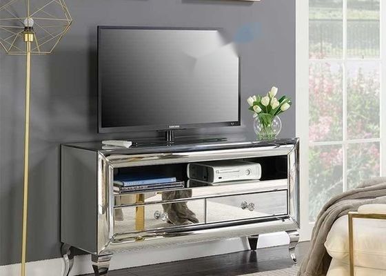 JS-TV01 Super White Mirrored Glass Electric Fireplace TV Stand with Contemporary Mantle Structure