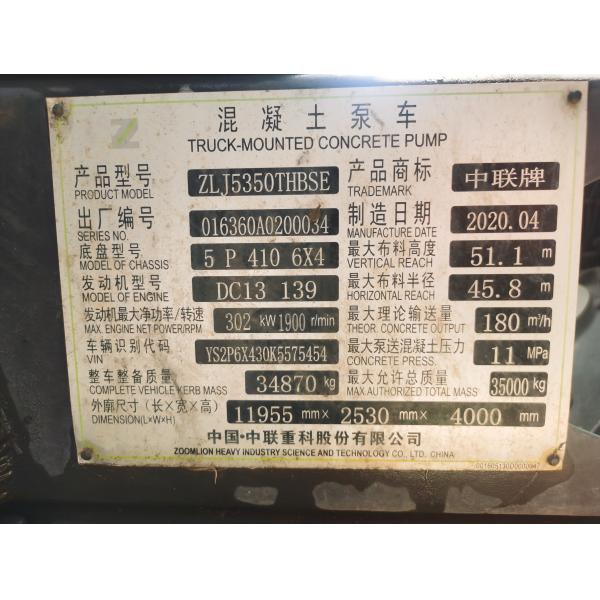 Zoomlion Used 52m Truck Mounted Concrete Pump Truck With SCANIA Chassis 2020