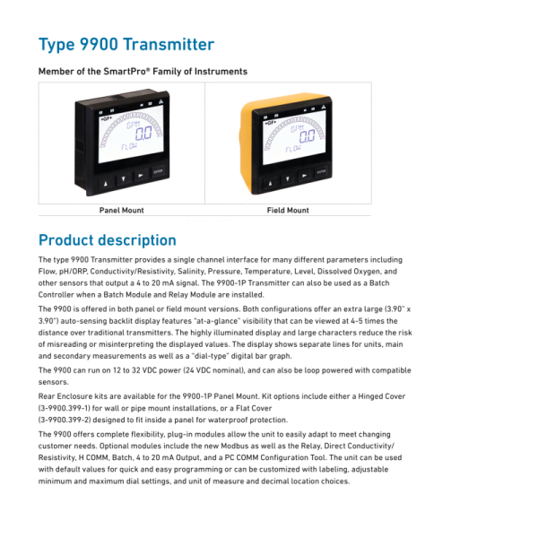 GF Signet 9900 Transmitter with 0.00 to 15.00 pH Range PBT Material and One Year Warranty