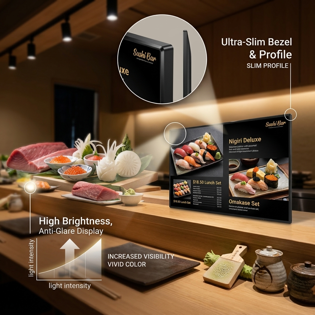 QM-3215GPW 32 Inch 4K Digital Menu Board Compact Counter Display for Cafe Fast Food Shop