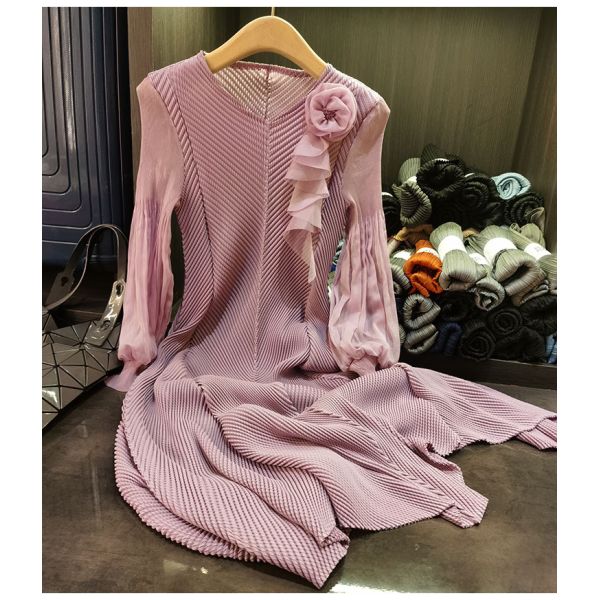 Versatile Design Solid Color Long Sleeve Midi Plus Size Fish Scale Pleated Slimming Three-Dimensional Front Button New Stylish