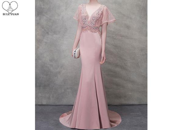 Pink V Neck Mermaid Prom Dress Lotus Leaf Sleeve Top Heavy Beading Backless