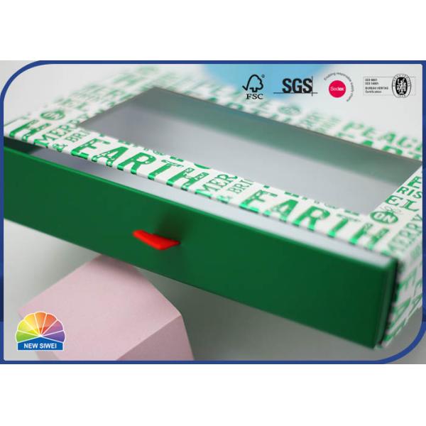 Green Customized Rectangle Drawer Paper Box 4C Printed Rigid Cardboard With Silk Ribbon