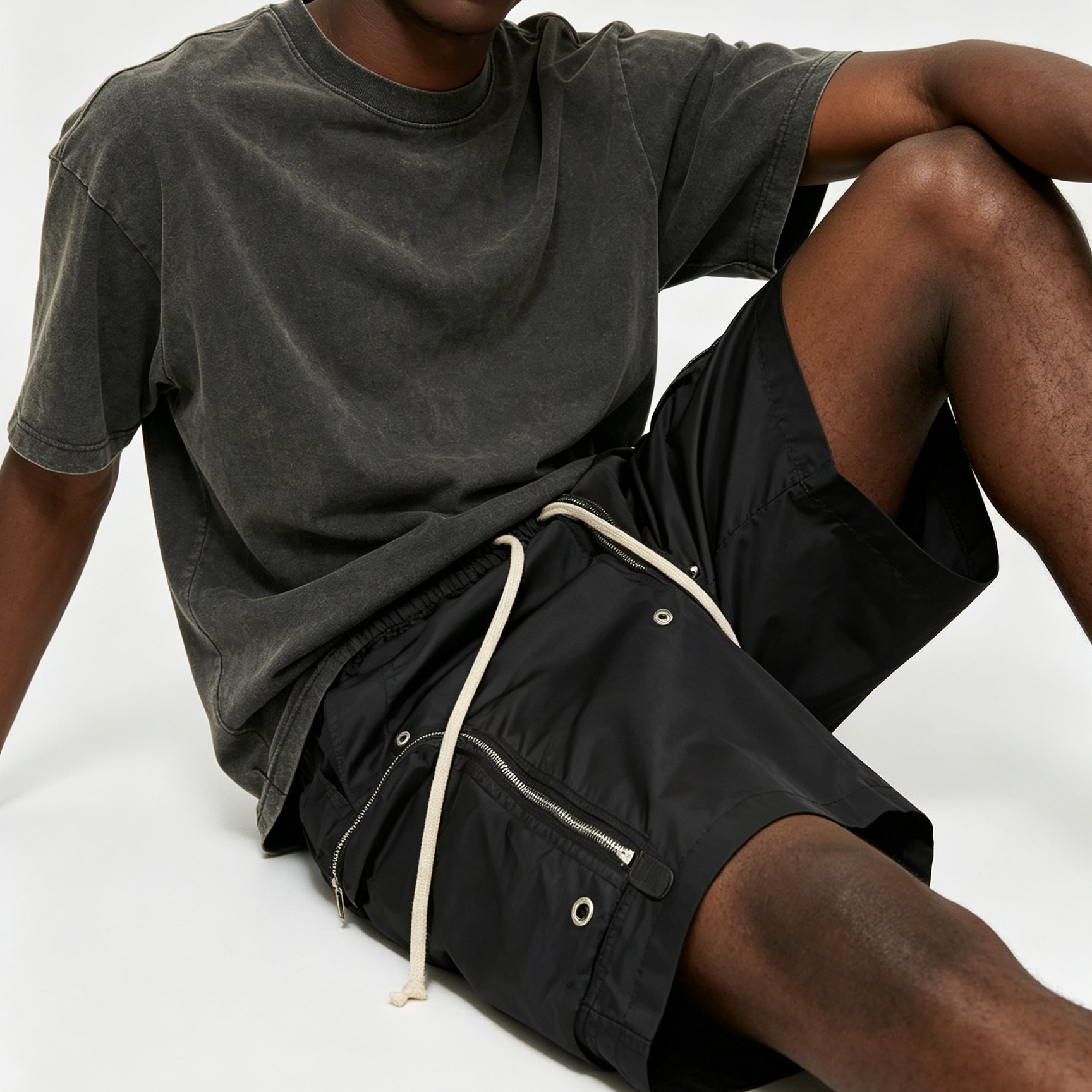 Dark Sports Sweat Shorts Multi Zipper Mens Drawstring Cargo Shorts RO Style