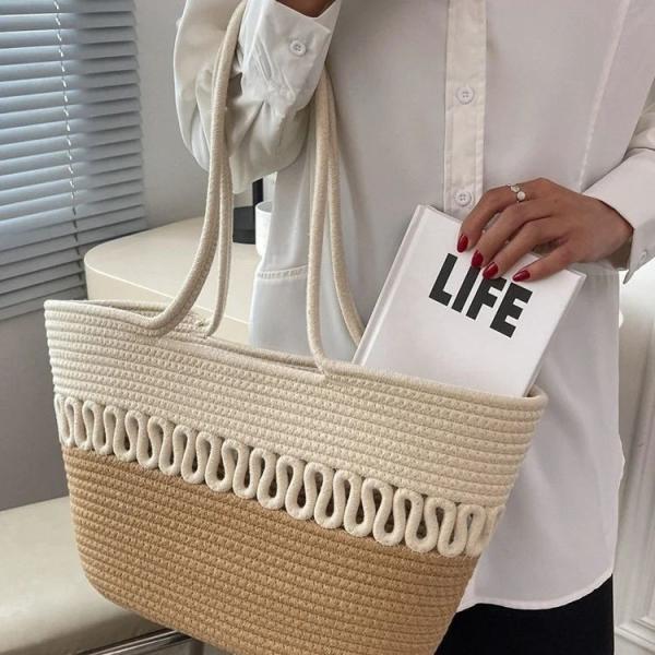 Straw Tote Bag for Women Handwoven Cotton Straw Shoulder Bag Crochet Tassel Beach Bohemian Purse for Women