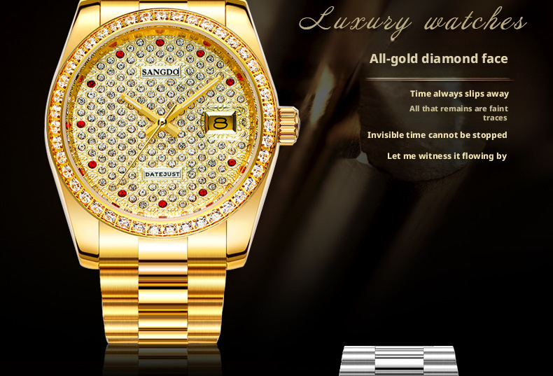 Full Diamond Dial Men Quartz Watch Stainless Steel Band Bling Crystal Bezel Luxury Business Wrist Watch Gift For Men Wedding Anniversary