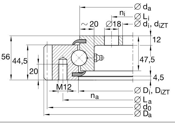 VLA201094-N Four point contact slewing ring bearing external gear teeth,inner ring flanged 984x1198.1x56mm