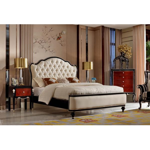 Luxury furniture sets French Neoclassical Black Bright Solid Wood Furniture Leather Soft Packed Double Bed