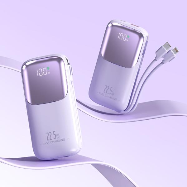 Portable 10000mAh Pocket Power Bank With 2 Cord PD 22.5W Fast Charging LED Display USB-C Output