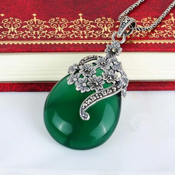 Thai 925 Silver Pendant Necklace Green Agate and Marcasite(JX467GREEN)