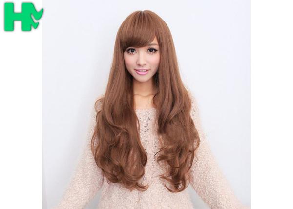 Free Wig CatalogsBrown Color Long Synthetic Wigs For Party , Synthetic Hair Wigs