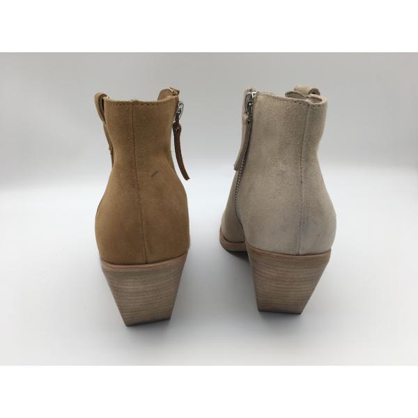 brown cow suede leather Womens Dress Boots with metal zipper，pointed toe abs heel ankle boots