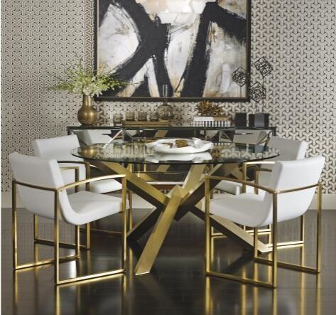 Gold Round Glass Dining Table , Stainless Steel Base Dining Table With Glass Top