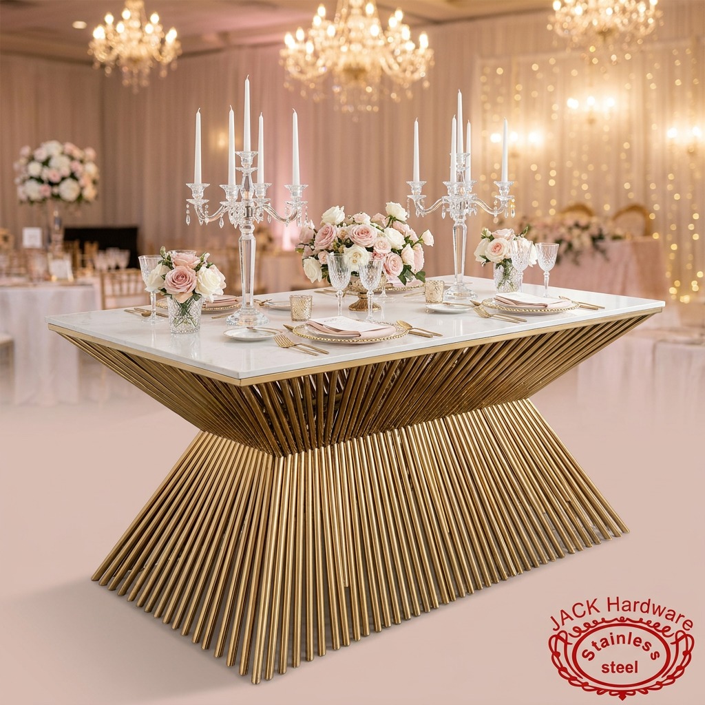 WENDING Gold Fountain Tube-Bundle Base Marble-Top Dining Table – Sculptural Hotel Table