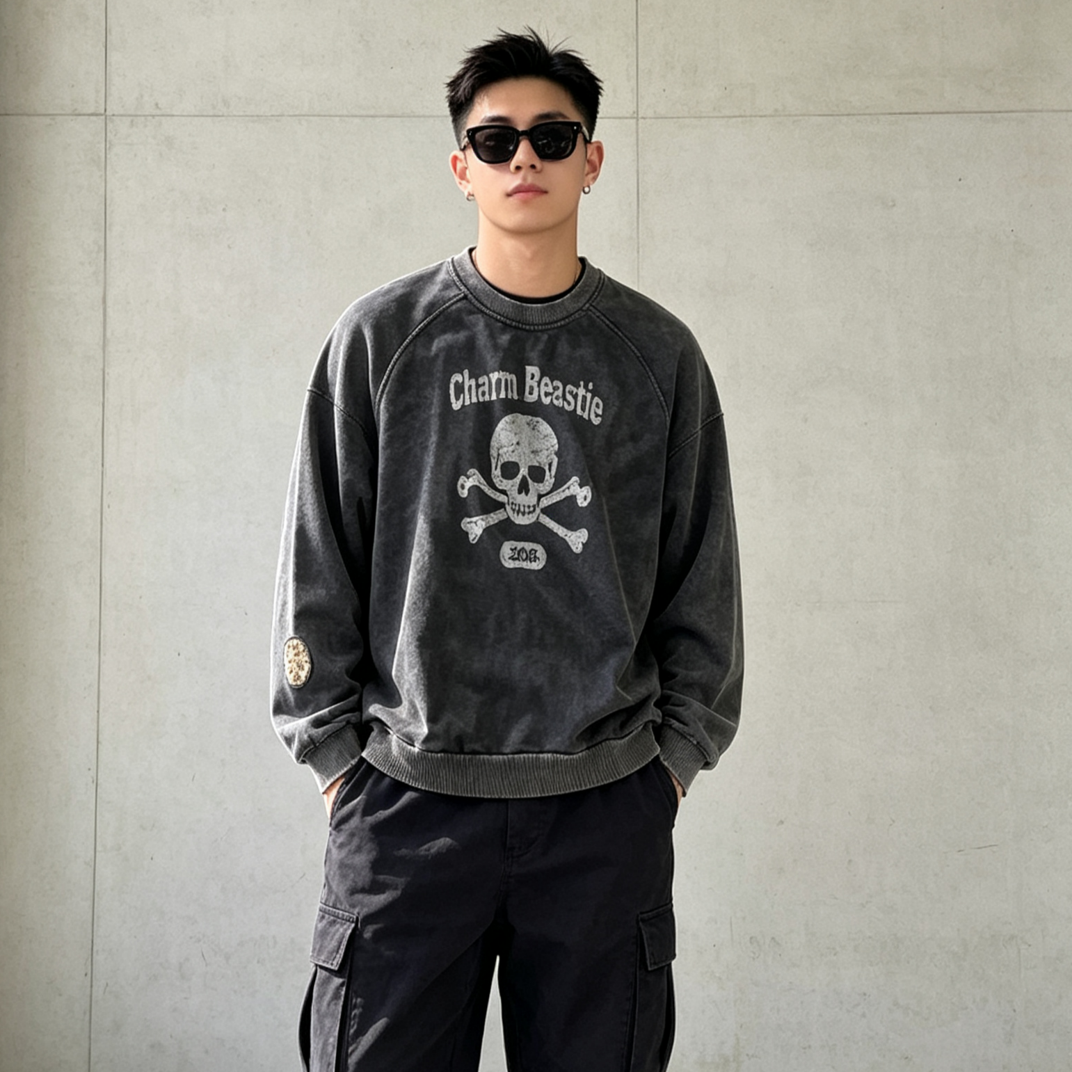 Skull Graphic Men's Heavyweight Hoodie Vintage Acid Wash Cropped Crewneck Sweatshirt