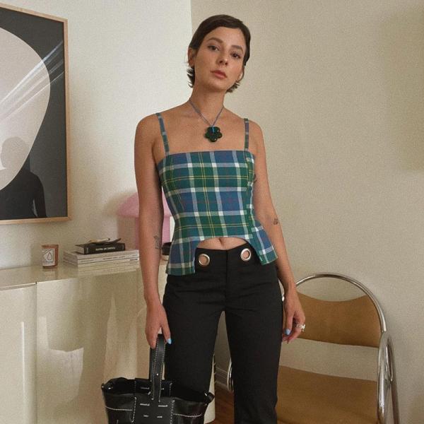 Lattice Vest Ladies Camisole Tank Tops , Open Back Strappy Blue Plaid Tank Top