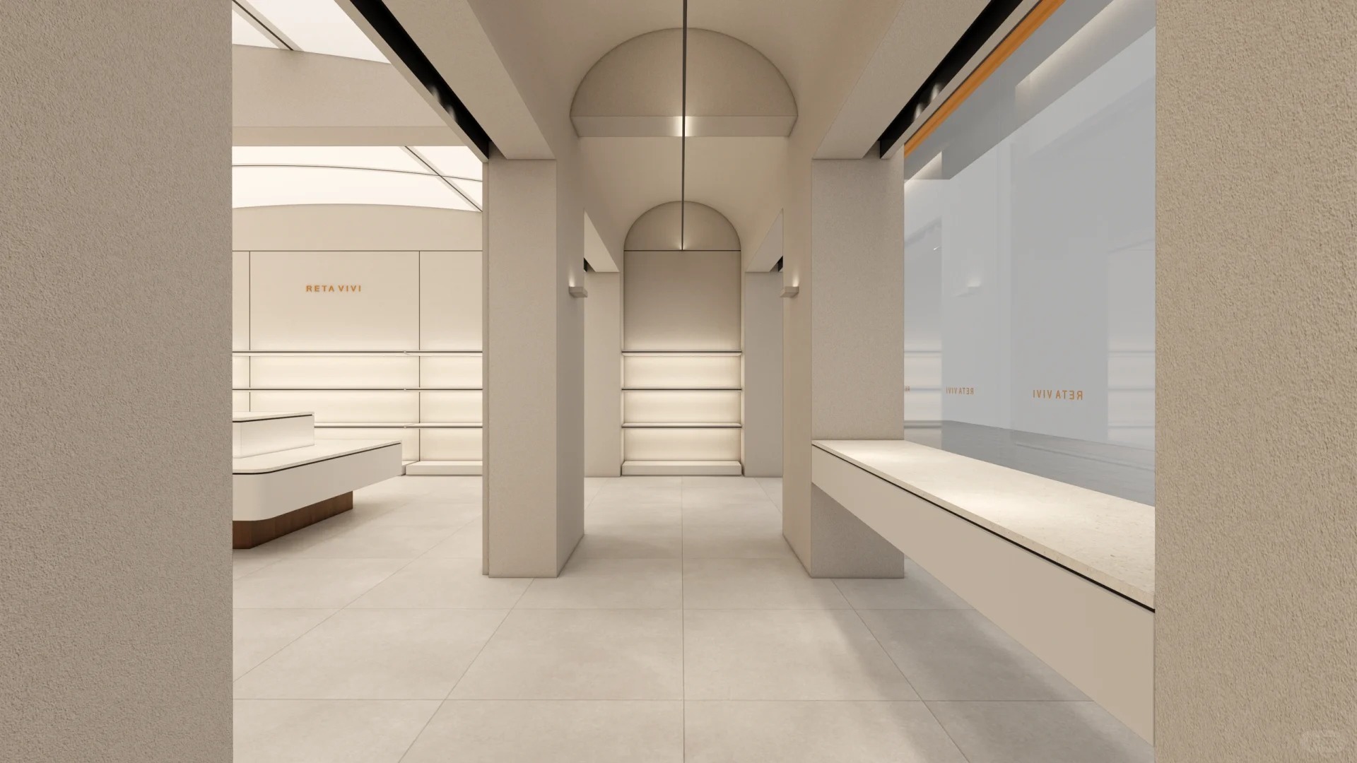 ream Arch Minimal Women Clothing Store Interior Design | Warm Neutral Ladies Garment Full Shop Layout