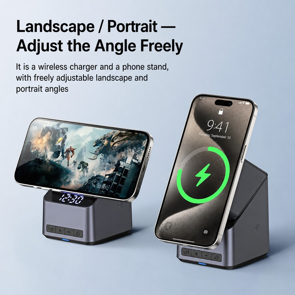 15W Fast Charging Multifunction Wireless Charger with Qi-enabled Compatibility and Built-in 3W Bluetooth Speaker