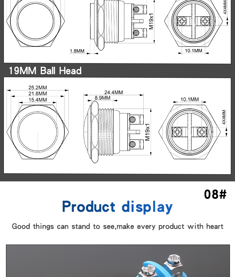 19MM Metal Push Button Switch With Screw Foot Welding Foot No LED Self-Reset Momentary High/Flat/Ball Head 1NO Jog Switch