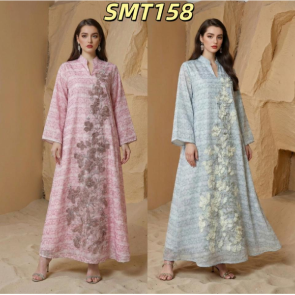 Arabic Modest Wear SMT165/158/102/157  Jacquard Lace Trim /Tie-Dye Floral Applique/Contrast Trim Embroidered/Gradient Jacquard  Maxi Robe
