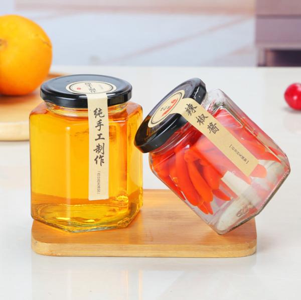 Transparent Glass Sealed Can Hexagonal Honey Empty Glass Bottles 13oz 4oz 6oz 10oz