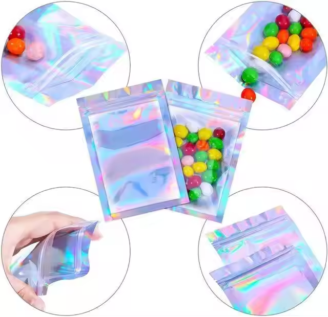Wholesale Customised Logo Rainbow Plastic Holographic Mylar Sealable Bags Waterproof Odour Resistant Re-sealable Packaging Milk
