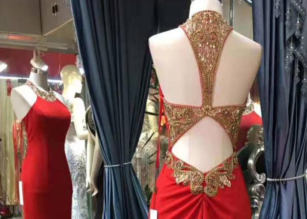 Gold Mermaid Style Red Dress Hanging Neck Luxury Heavy Beading Hollow Back