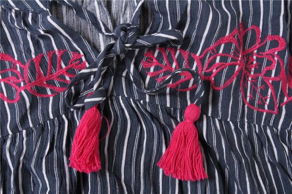 100% Rayon Ladies Striped Printing Blouse Big Embroidery Striped Womens Top