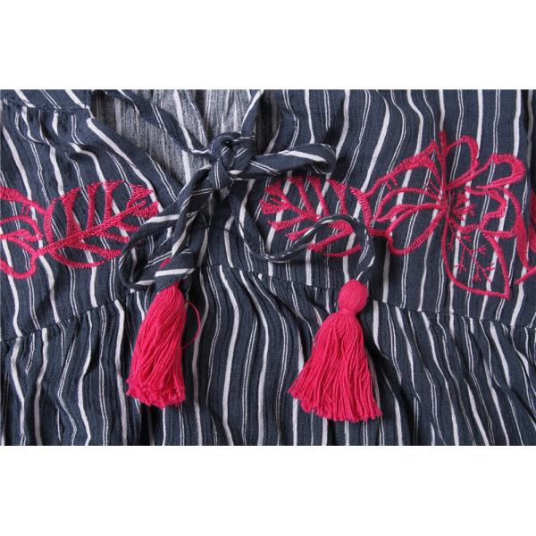 100% Rayon Ladies Striped Printing Blouse Big Embroidery Striped Womens Top