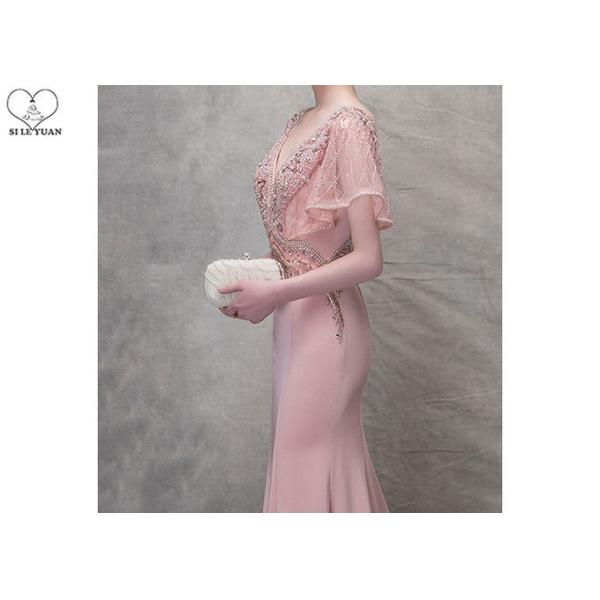 Pink V Neck Mermaid Prom Dress Lotus Leaf Sleeve Top Heavy Beading Backless